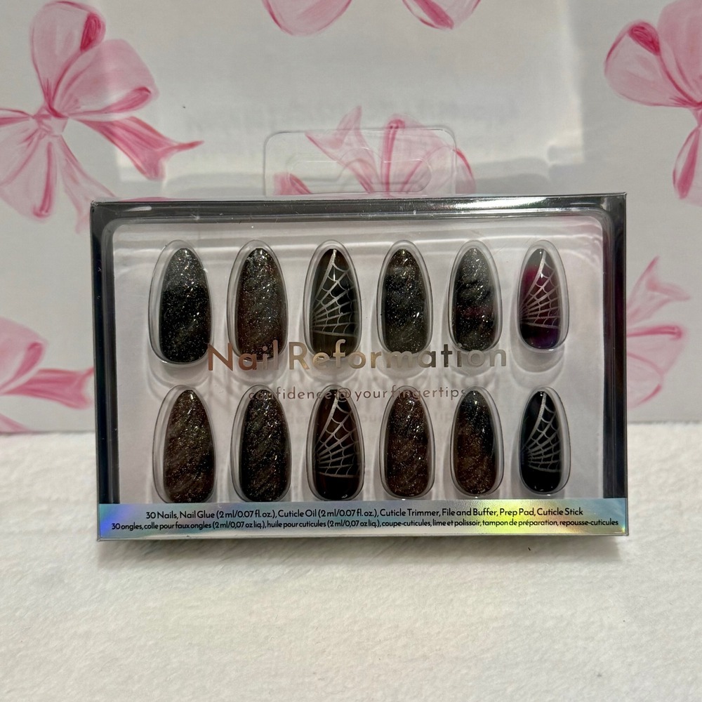 Nail Reformation Black Glitter Spiderweb Almond Press On Nails‎ Kit 30 pc